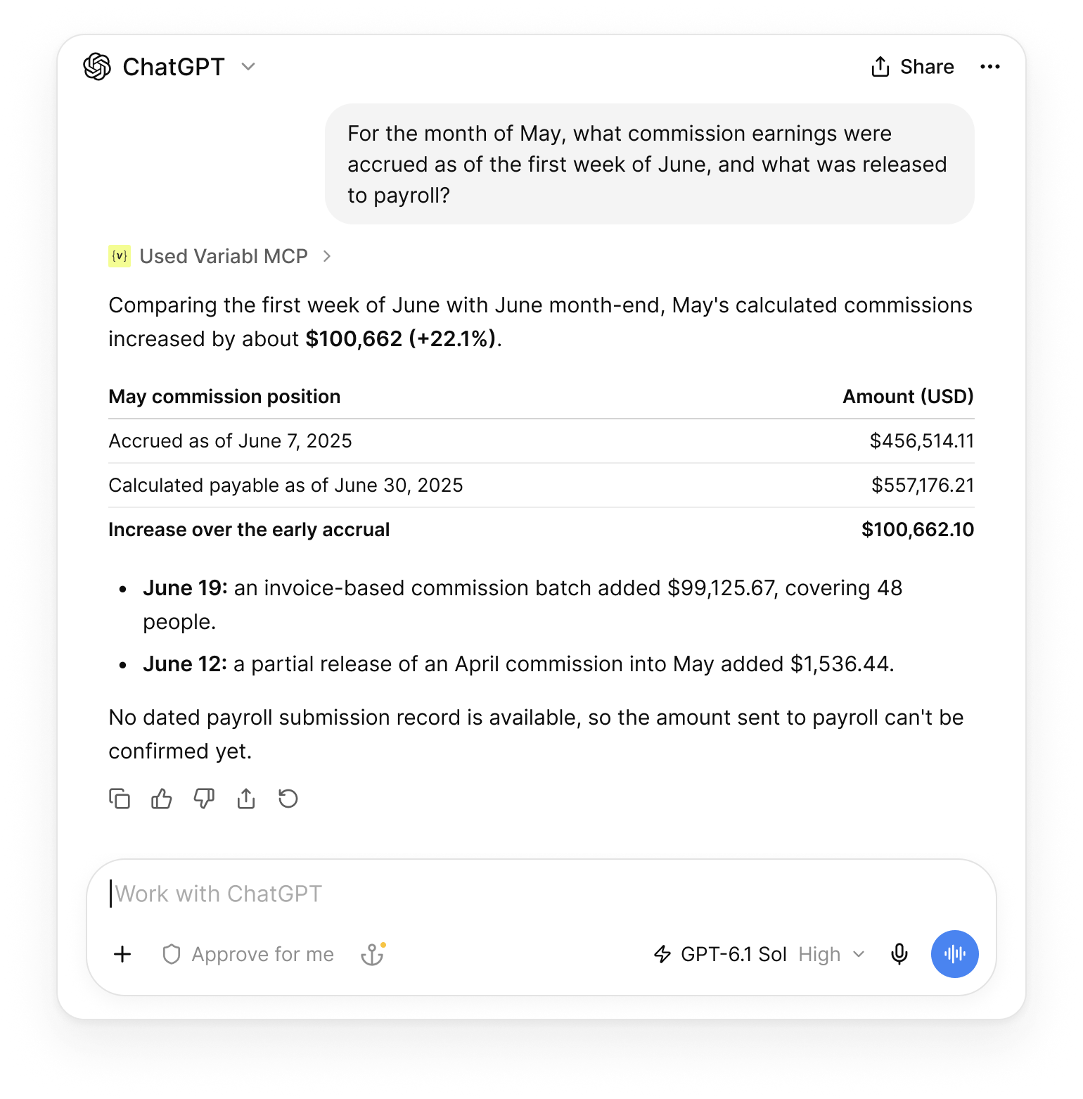 ChatGPT chat using Variabl MCP to explain which fields excluded transactions from commission