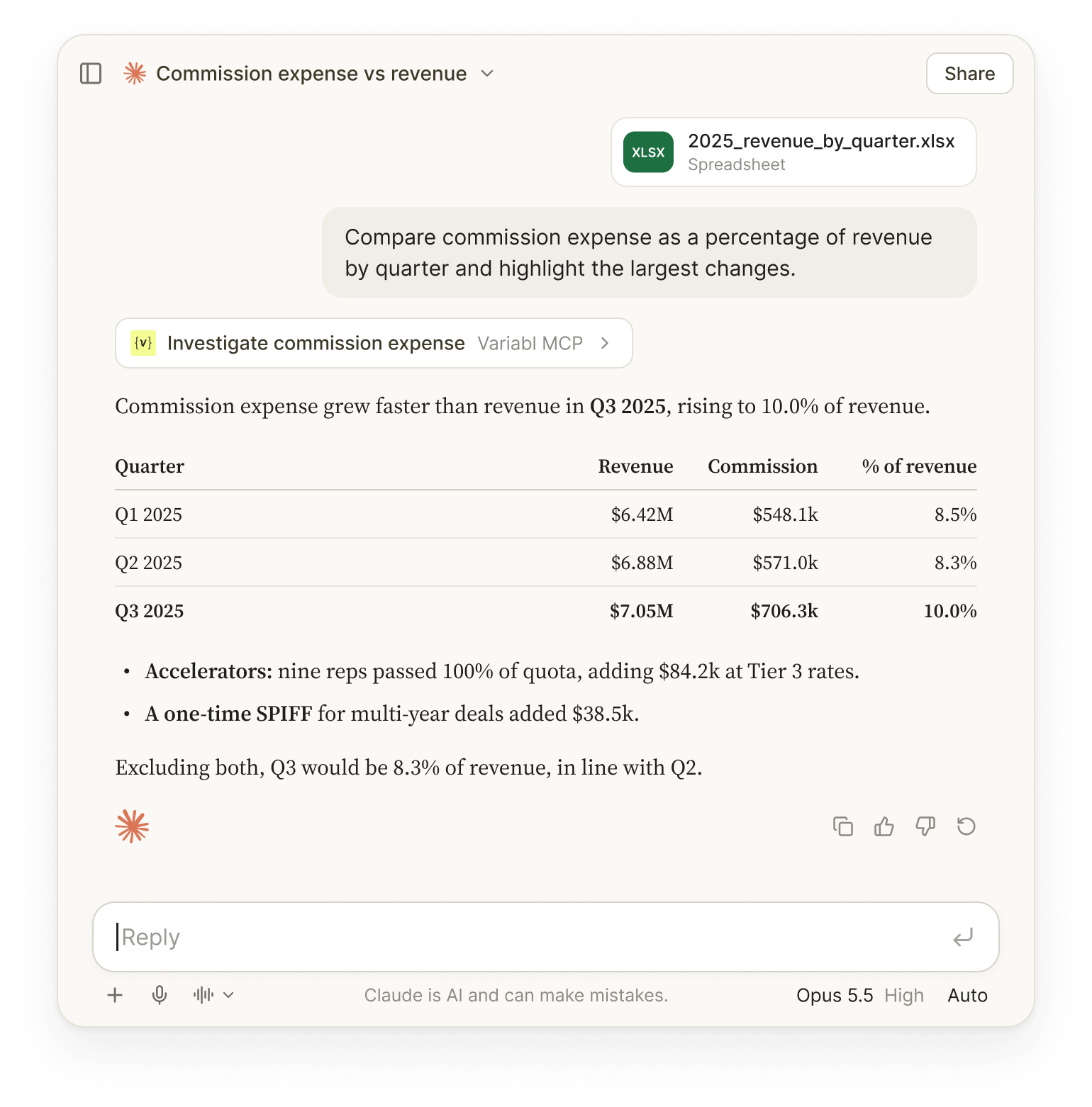 Claude chat using Variabl MCP to compare commission expense as a percentage of revenue by quarter