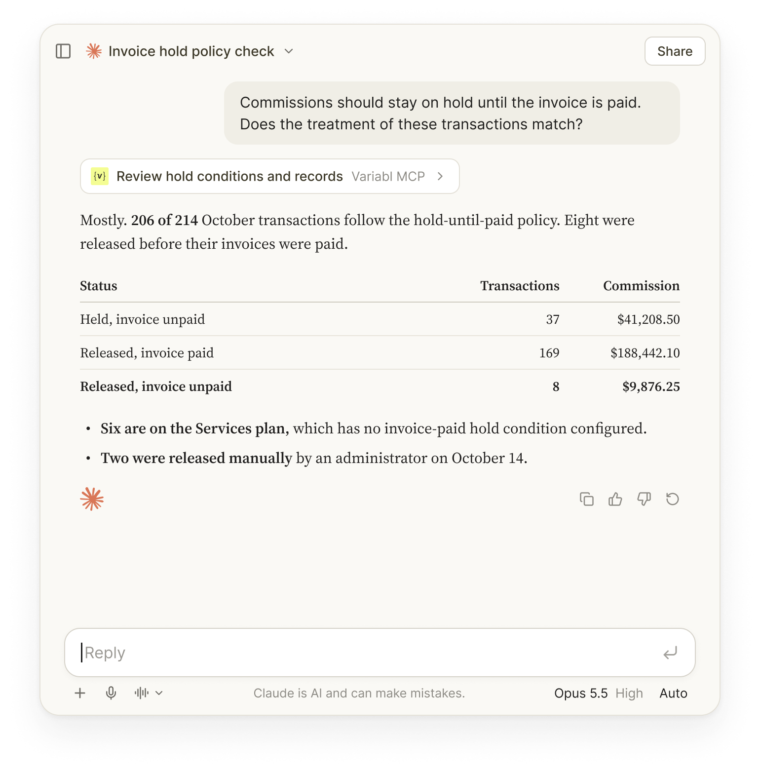 Claude chat using Variabl MCP to check commission holds against an invoice-paid policy