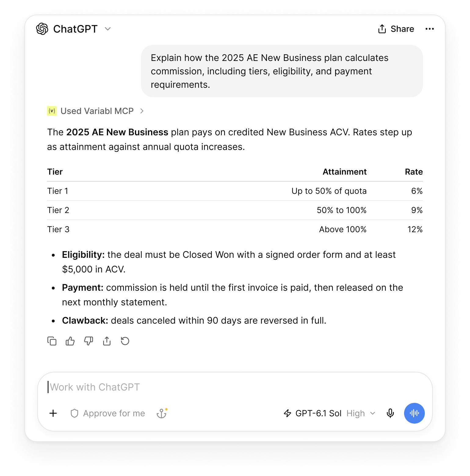 ChatGPT chat using Variabl MCP to explain how a commission plan calculates tiers, eligibility, and payment