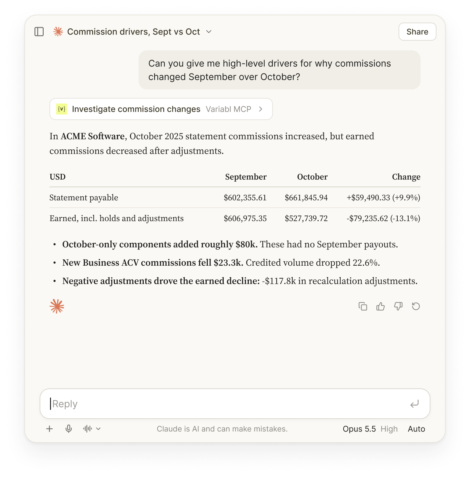 Claude chat using Variabl MCP to explain why commissions changed between September and October